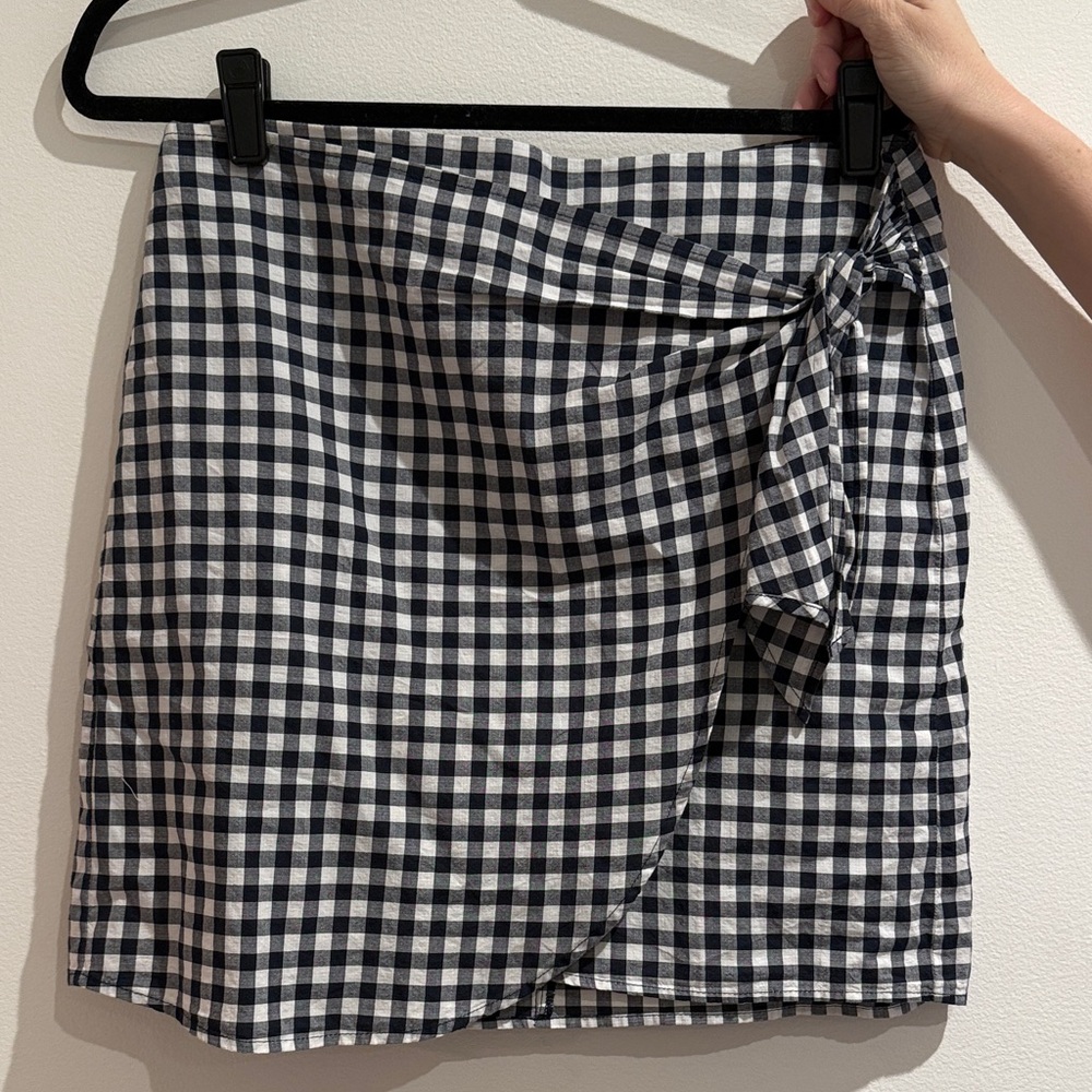 LOFT Black and White Gingham Tie-Detail Mini Skirt